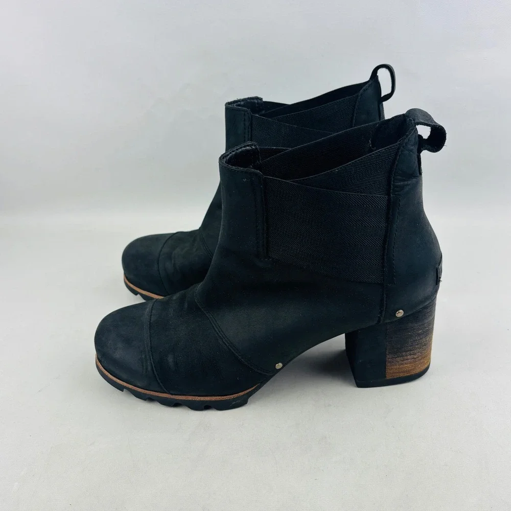 Sorel Addington Chelsea Boot Womens 11 Black Leather Chunky Heel Lug Sole Studs‎